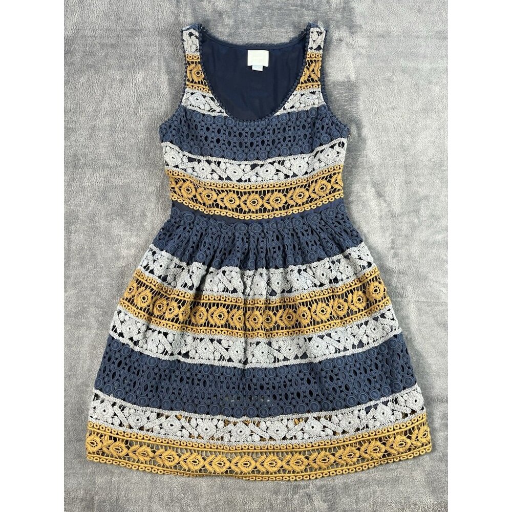 Maeve Dress Mini Fit Flare Venetian Lace Crochet Size 8 Blue Gold Gray
